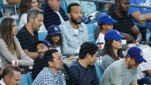 LOS ANGELES, CALIFORNIA - OCTOBER 25: John Legend looks on during Game One of the 2024 World Series between the Los Angeles Dodgers and the New York Yankees at Dodger Stadium on October 25, 2024 in Los Angeles, California. (Photo by Kevork Djansezian/Getty Images)