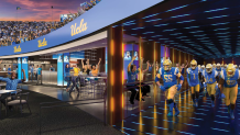 A rendering depicts the South End Zone Field Club planned for the Rose Bowl.