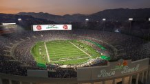 A rendering depicts the Rose Bowl with a planned videoboard.