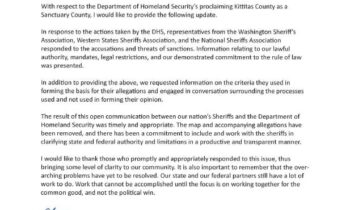Sheriff Myers: El condado de Kittitas respeta la ley federal, no es un santuario